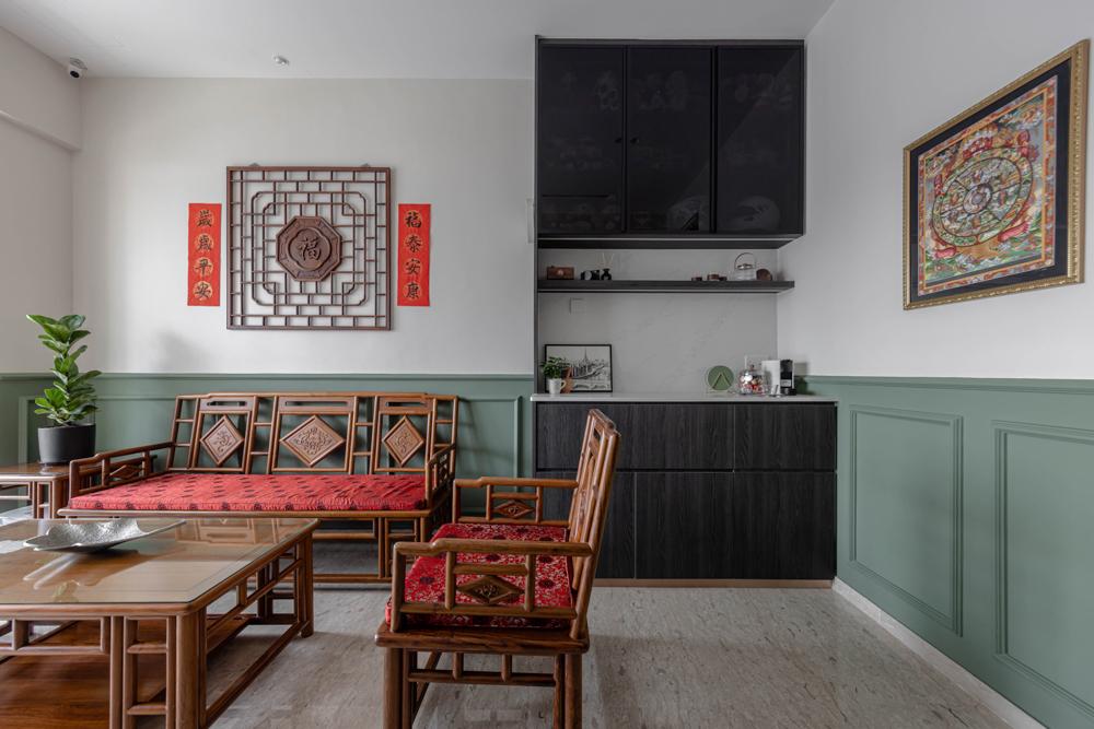 Asian Dining Room with Feature Wall and Storage Cabinets