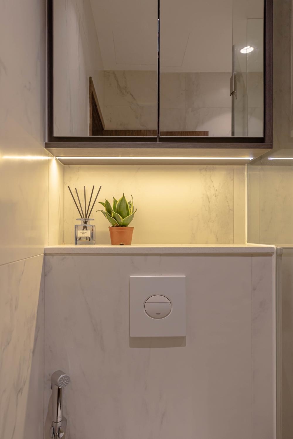 Asian Bathroom with Mirror and Bathroom Storage