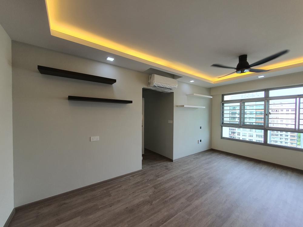 Contemporary Living Room with Vinyl Flooring and Cove Lighting