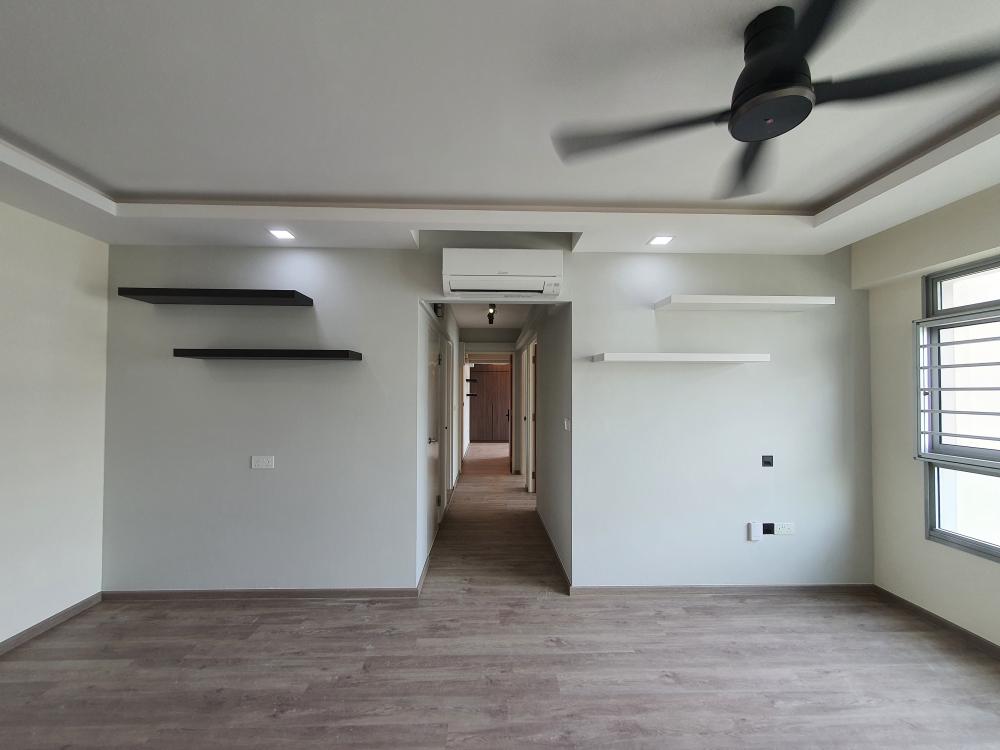 Contemporary Living Room with Vinyl Flooring and Cove Lighting