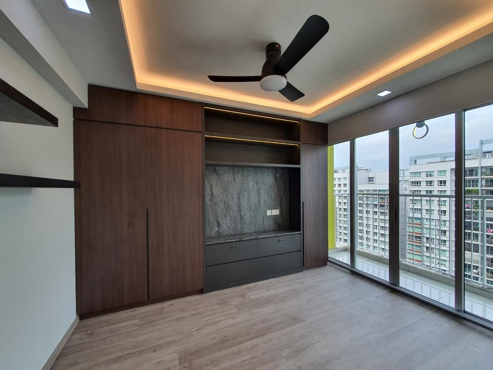 Contemporary Bedroom with Vinyl Flooring and TV Console