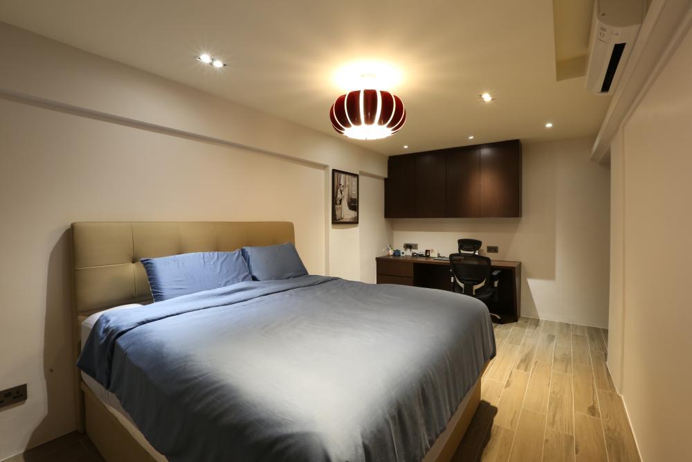 Contemporary Bedroom with Homogeneous Tiles and Wood Flooring