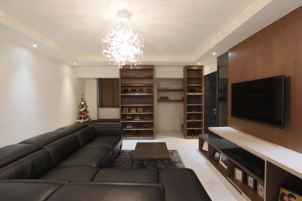 Contemporary Living Room with Marble Floor and Chandelier