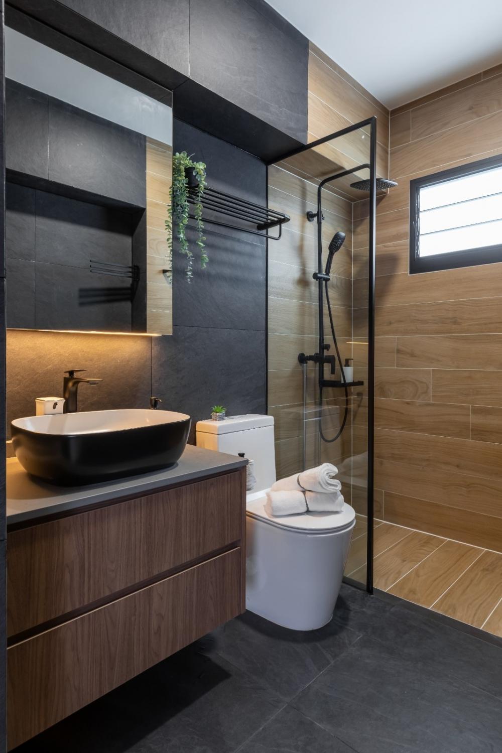 Country Bathroom with Countertop and Herringbone Tiling