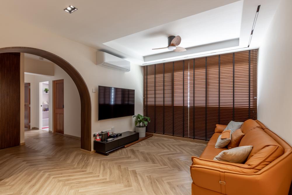 Country Living Room with Vinyl Flooring and Herringbone Tiling