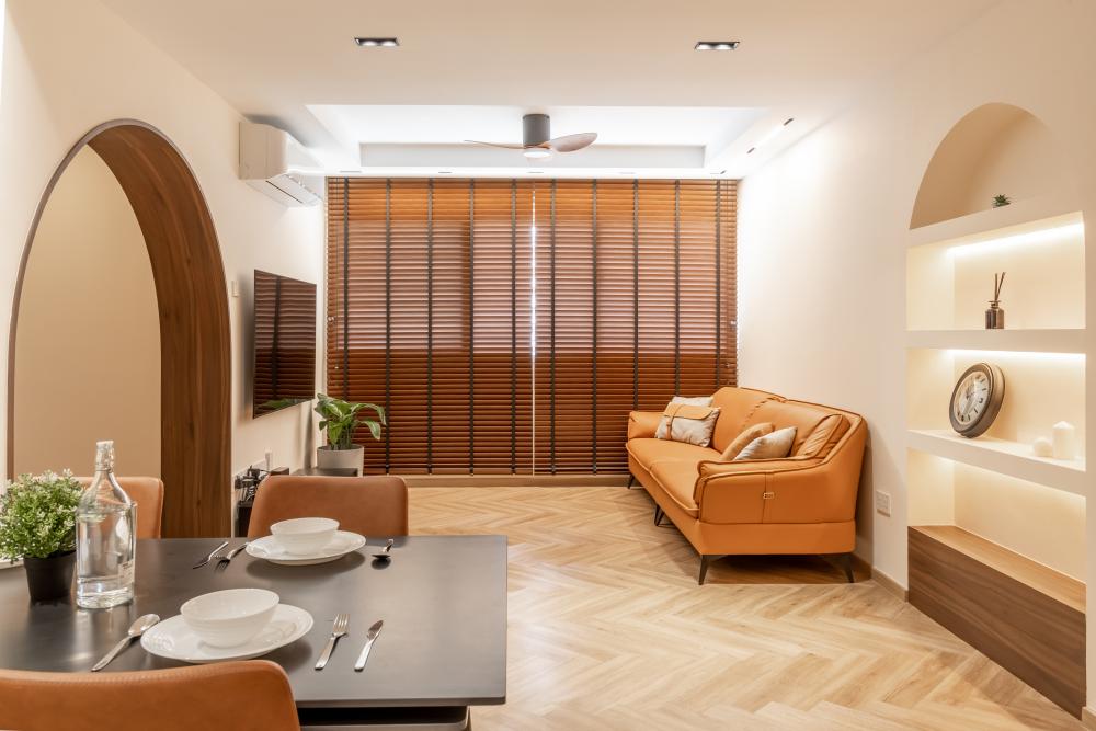 Country Living Room with Vinyl Flooring and Herringbone Tiling
