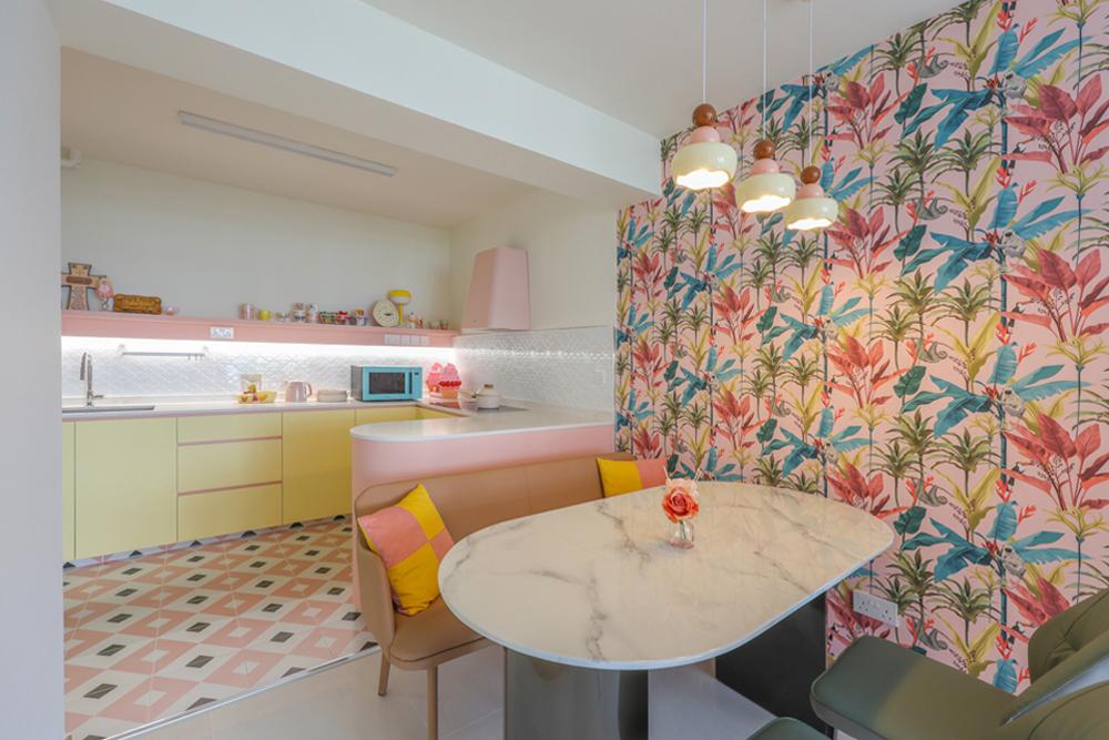 Modern Dining Room with Homogeneous Tiles and Open Kitchen