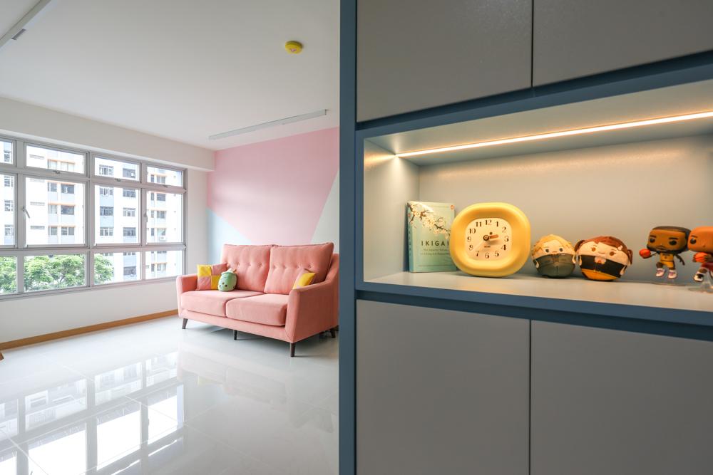Modern Living Room with Paintings and Storage Cabinets