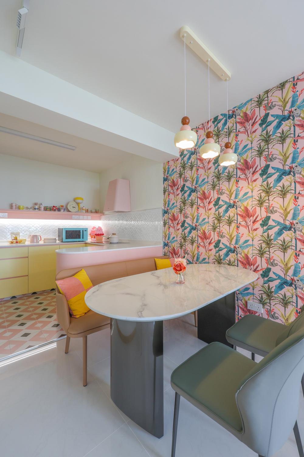 Modern Dining Room with Homogeneous Tiles and Wallpaper