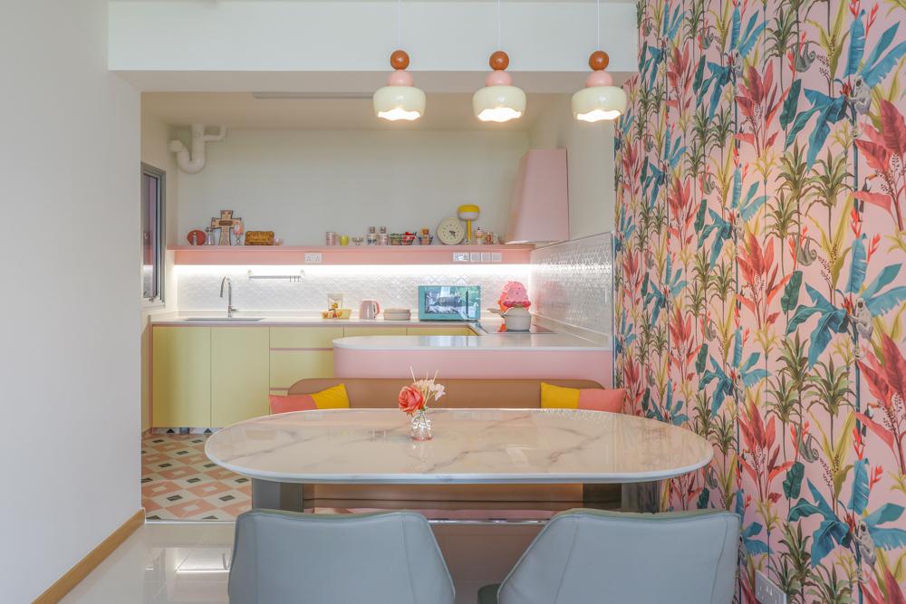 Modern Dining Room with Wallpaper and Open Kitchen