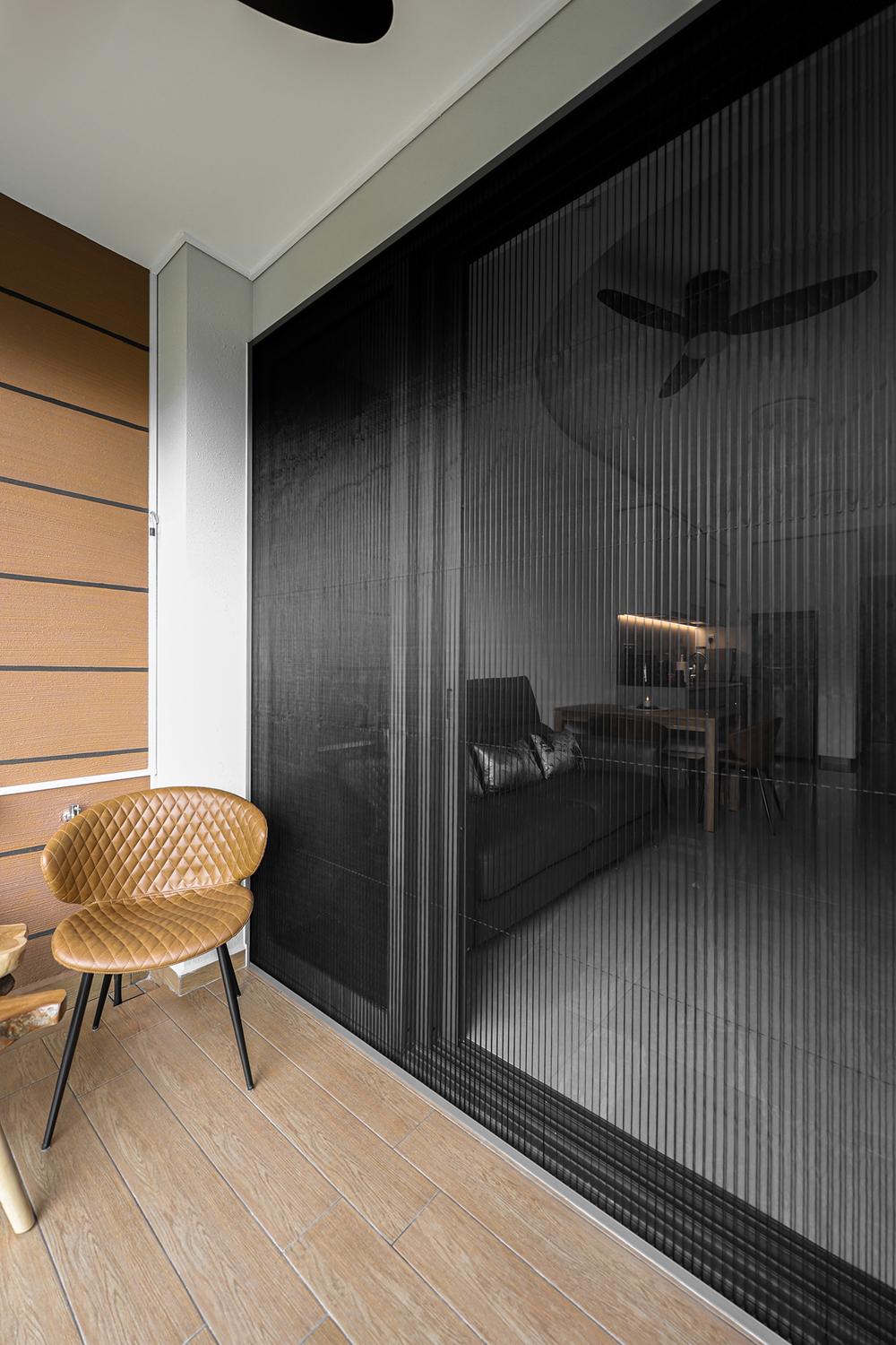 Modern Balcony with Window Grille and Outdoor Chairs