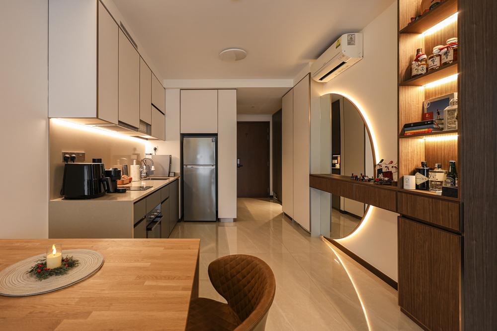 Modern Kitchen with Mirror and Display Cabinets