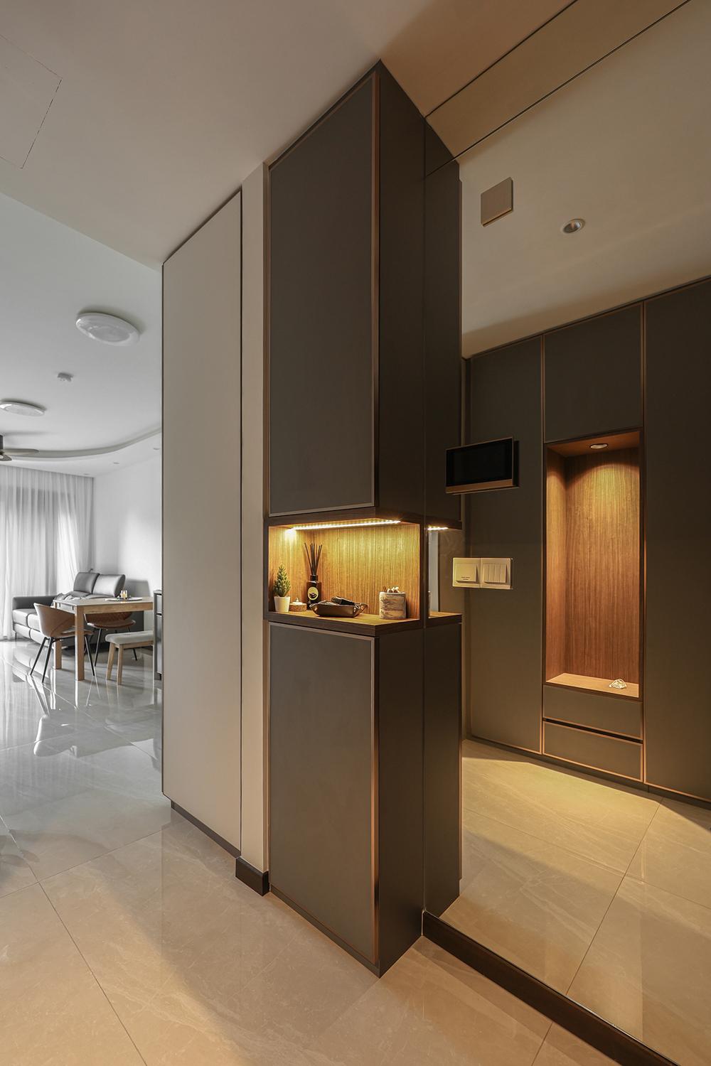 Modern Foyer with Mirror and Storage Cabinets