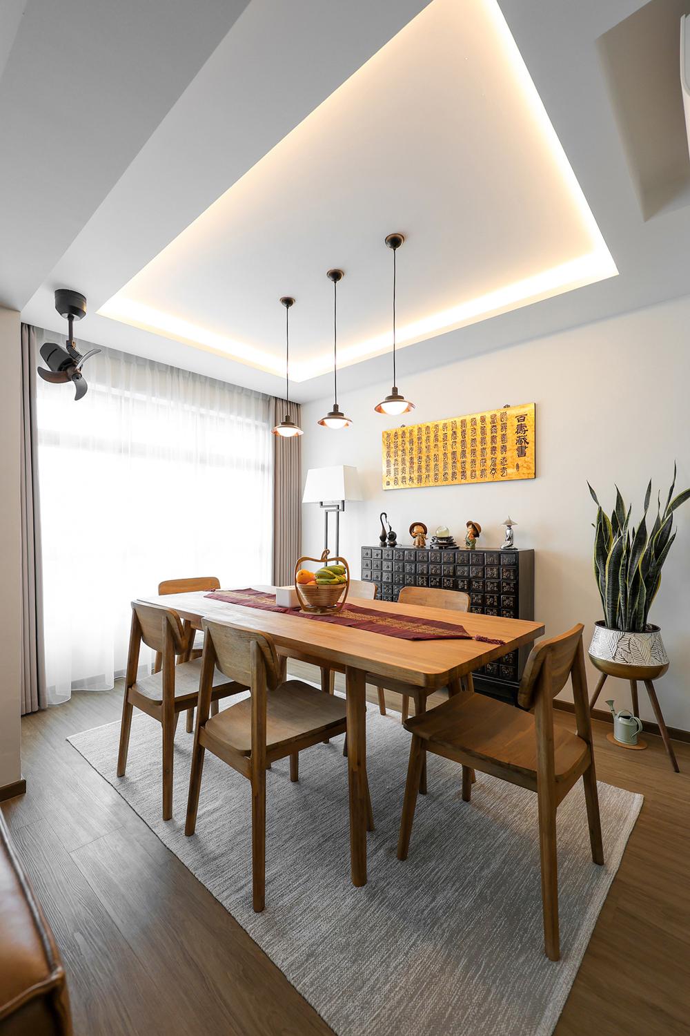 Asian Dining Room with Vinyl Flooring and Cove Lighting