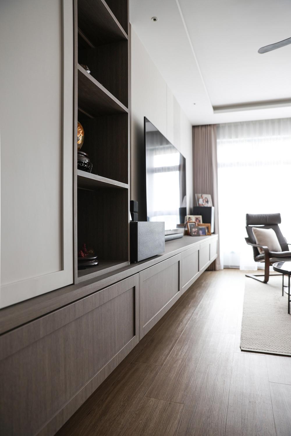 Asian Living Room with Vinyl Flooring and TV Console