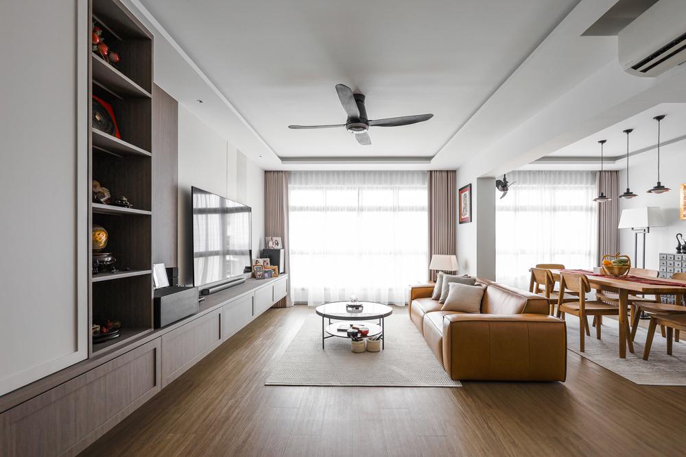 Asian Living Room with Vinyl Flooring and TV Console