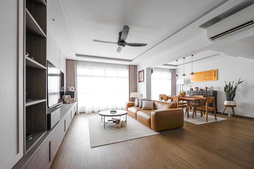 Asian Living Room with Vinyl Flooring and TV Console