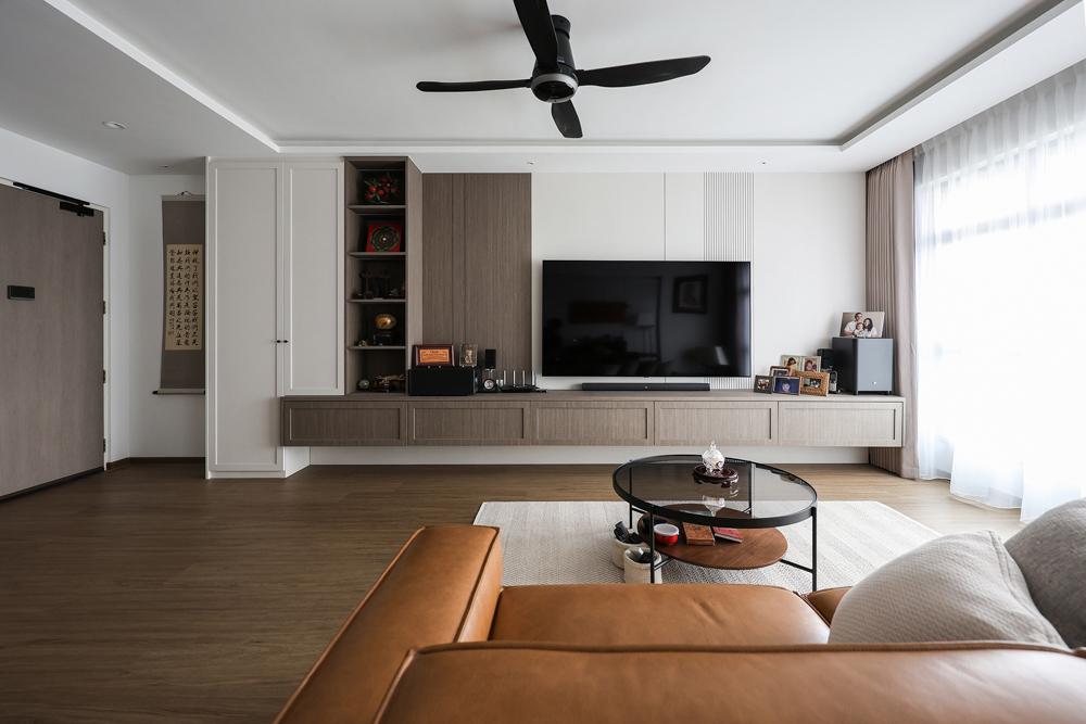 Asian Living Room with Vinyl Flooring and TV Console