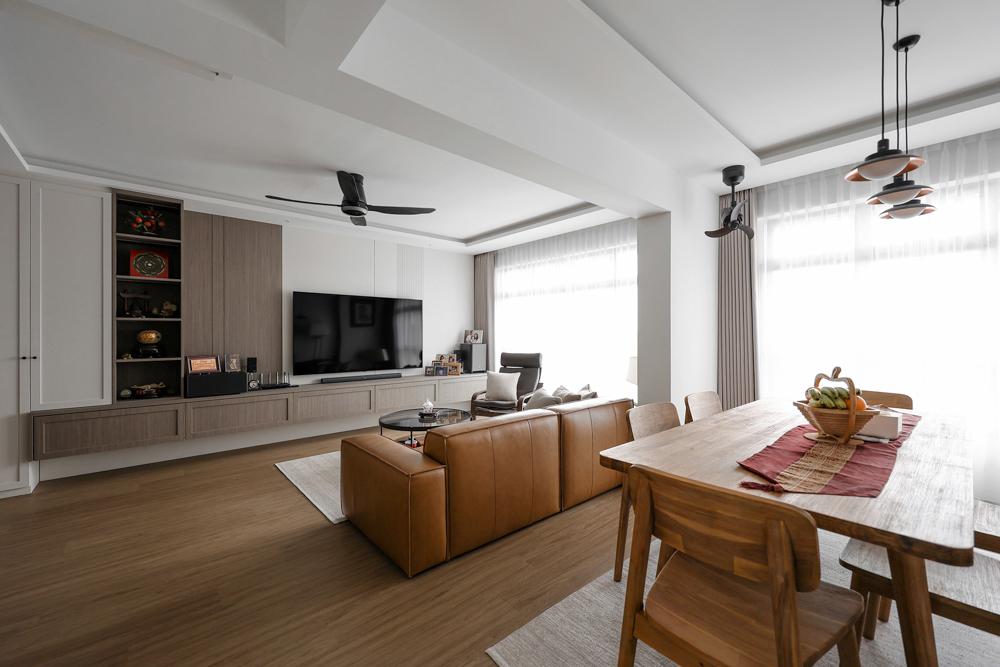 Asian Living Room with Vinyl Flooring and TV Console