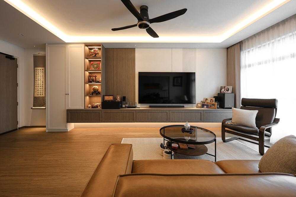 Asian Living Room with Vinyl Flooring and TV Console
