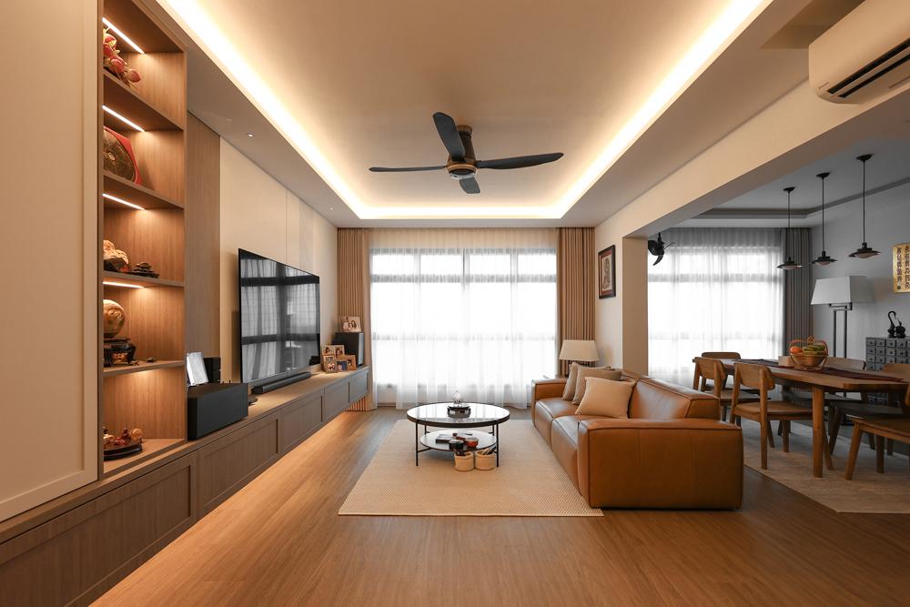 Asian Living Room with Vinyl Flooring and TV Console