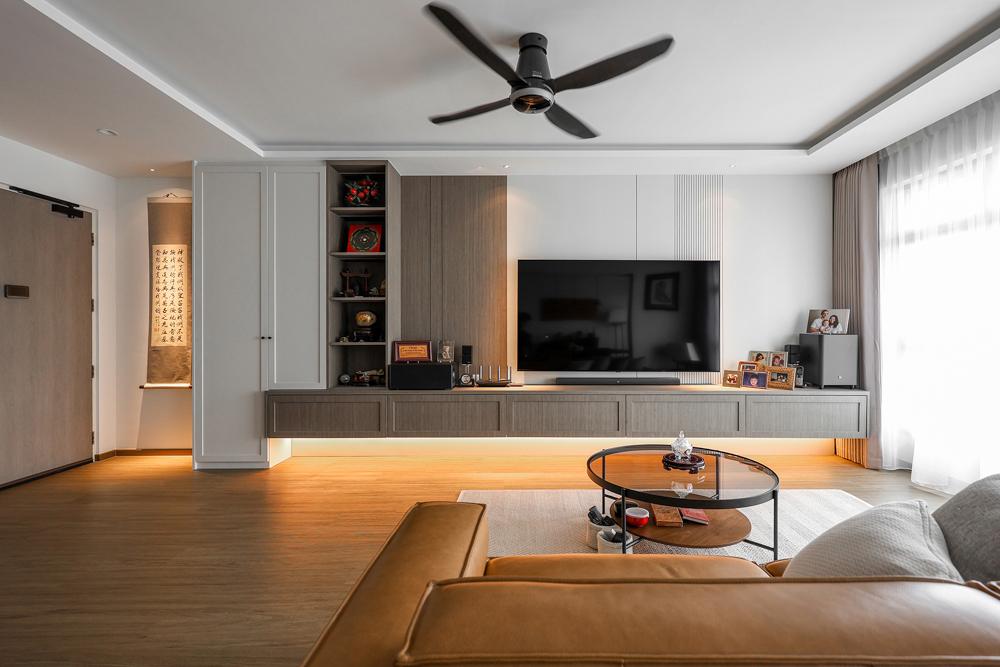 Asian Living Room with Vinyl Flooring and TV Console