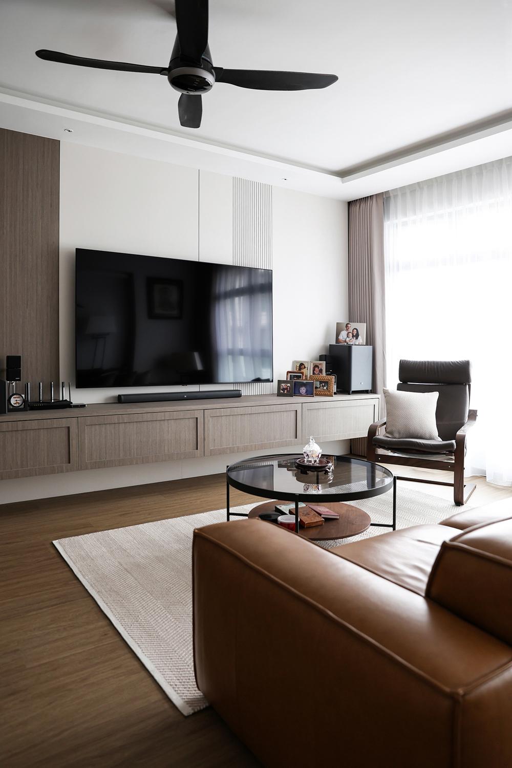 Asian Living Room with TV Console and Feature Wall