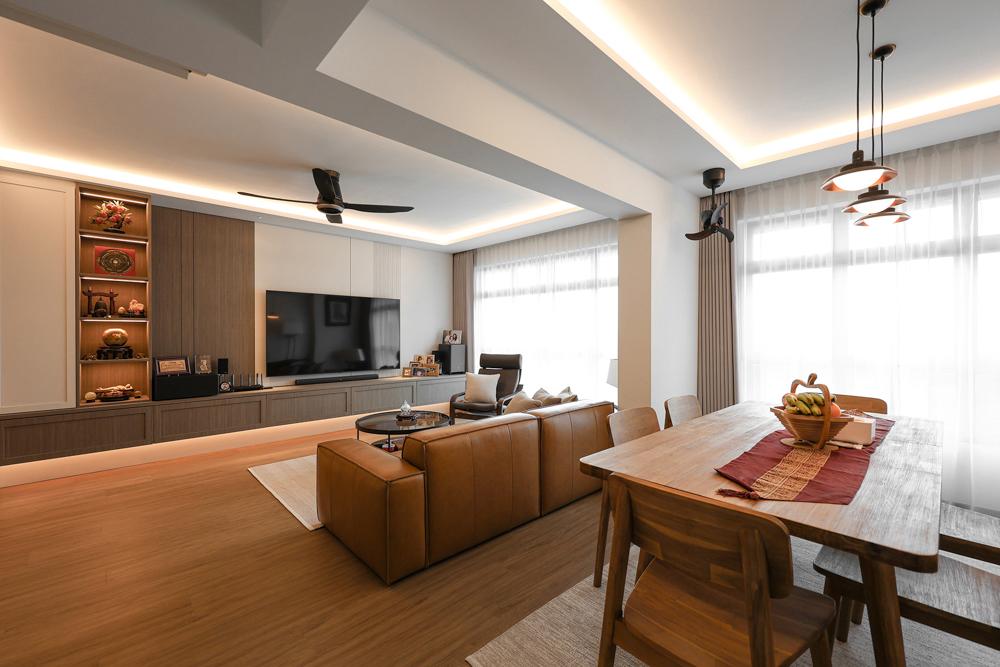 Asian Living Room with Vinyl Flooring and TV Console