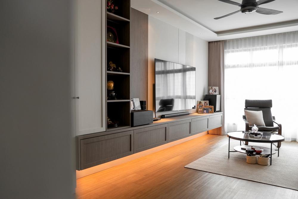 Asian Living Room with Vinyl Flooring and TV Console