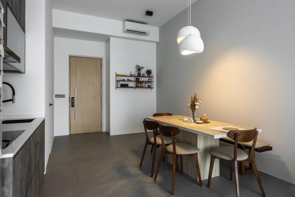 Contemporary Dining Room with Homogeneous Tiles and Seating Bench