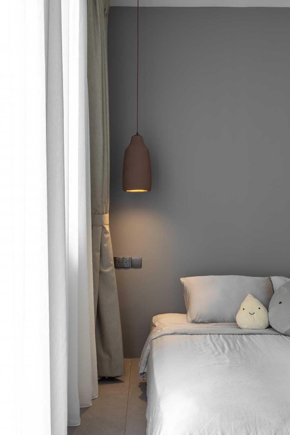 Contemporary Bedroom with Homogeneous Tiles and Queen Bed