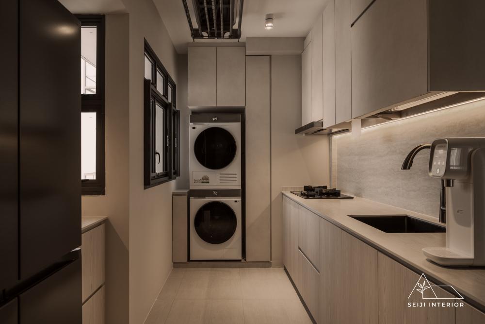 Minimalist Kitchen with Countertop and Herringbone Tiling