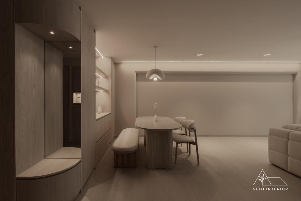 Minimalist Dining Room with Drop Light and Cove Lighting