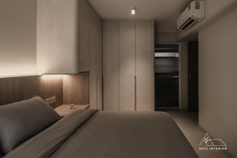 Minimalist Bedroom with Homogeneous Tiles and Wardrobe