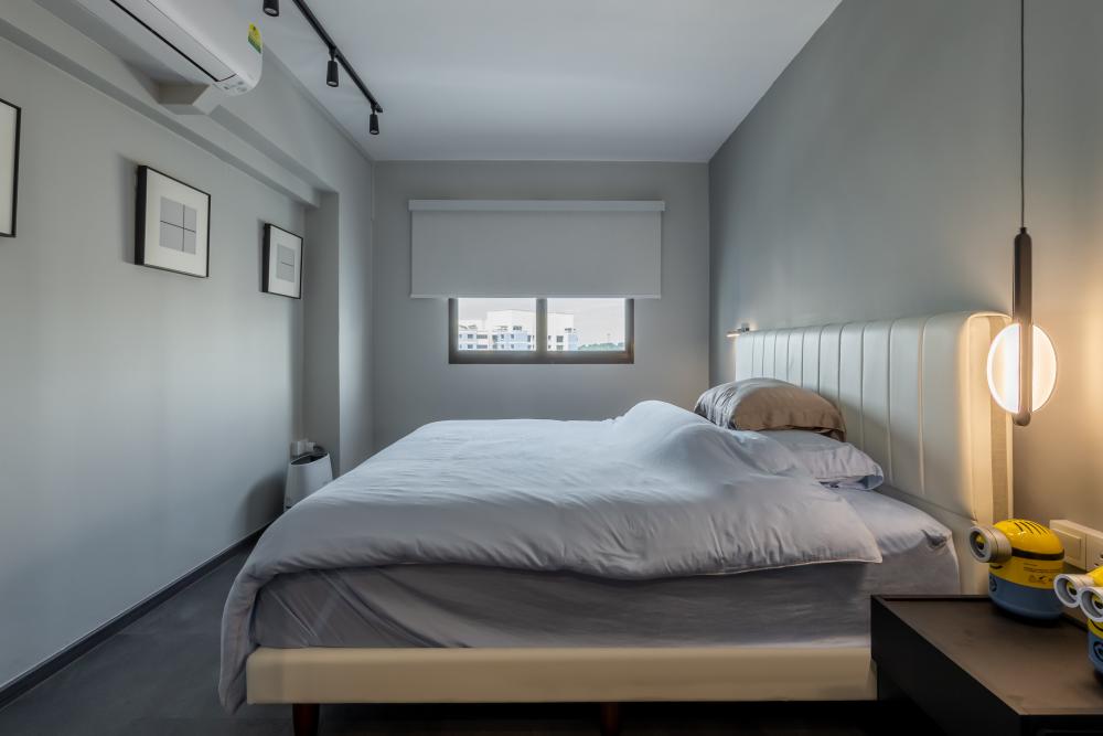 Minimalist Bedroom with Roller Blinds and Bedside Table
