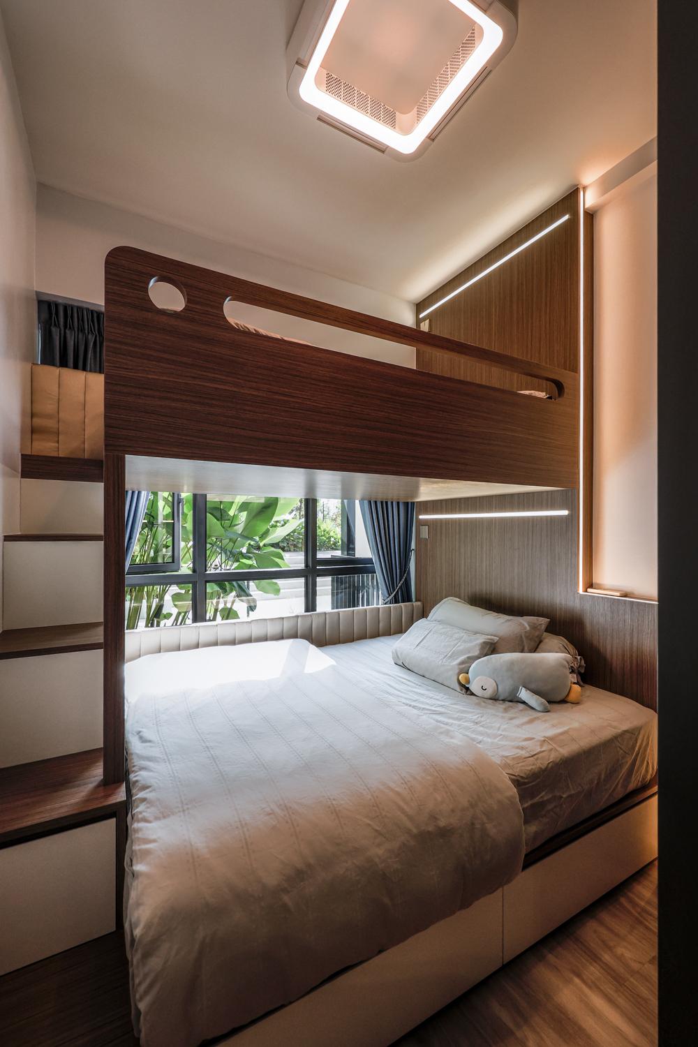 Minimalist Bedroom with Vinyl Flooring and Loft