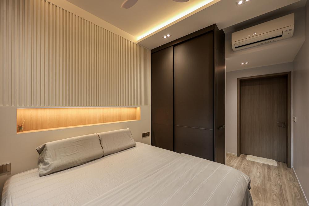 Minimalist Bedroom with Vinyl Flooring and Feature Wall