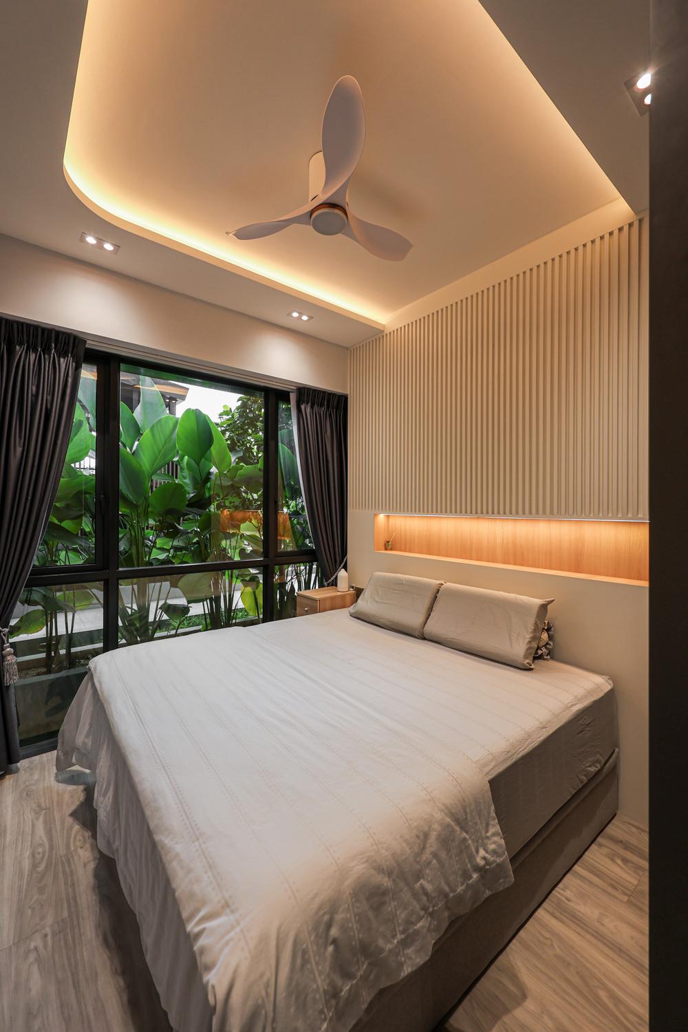 Minimalist Bedroom with Vinyl Flooring and Feature Wall