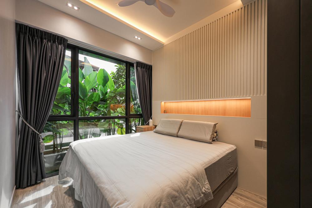Minimalist Bedroom with Vinyl Flooring and Feature Wall