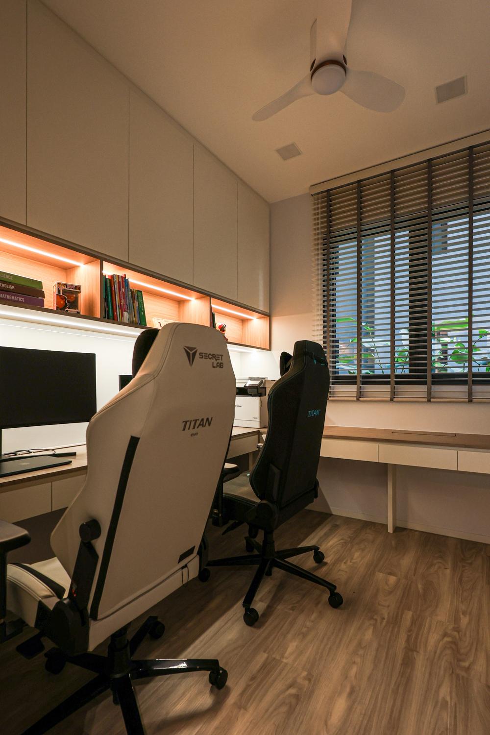 Minimalist Study with Bookshelf and Vinyl Flooring