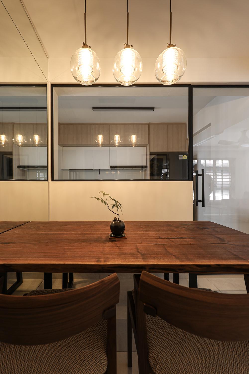 Eclectic Dining Room with Mirror and Glass Door