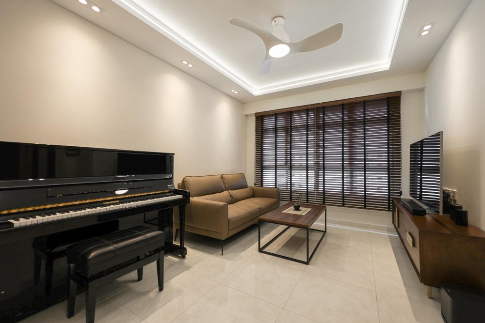 Eclectic Living Room with Homogeneous Tiles and Lighting