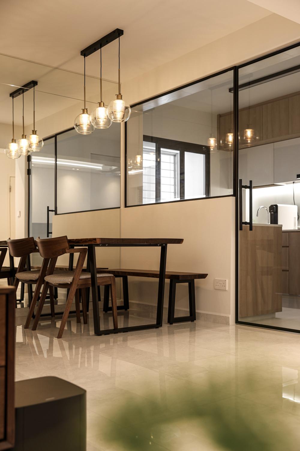 Eclectic Dining Room with Mirror and Glass Door