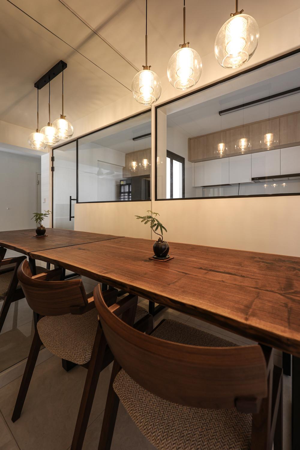 Eclectic Dining Room with Mirror and Lighting