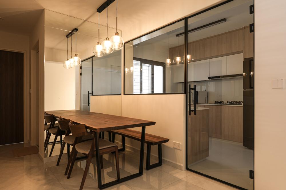 Eclectic Dining Room with Mirror and Glass Door