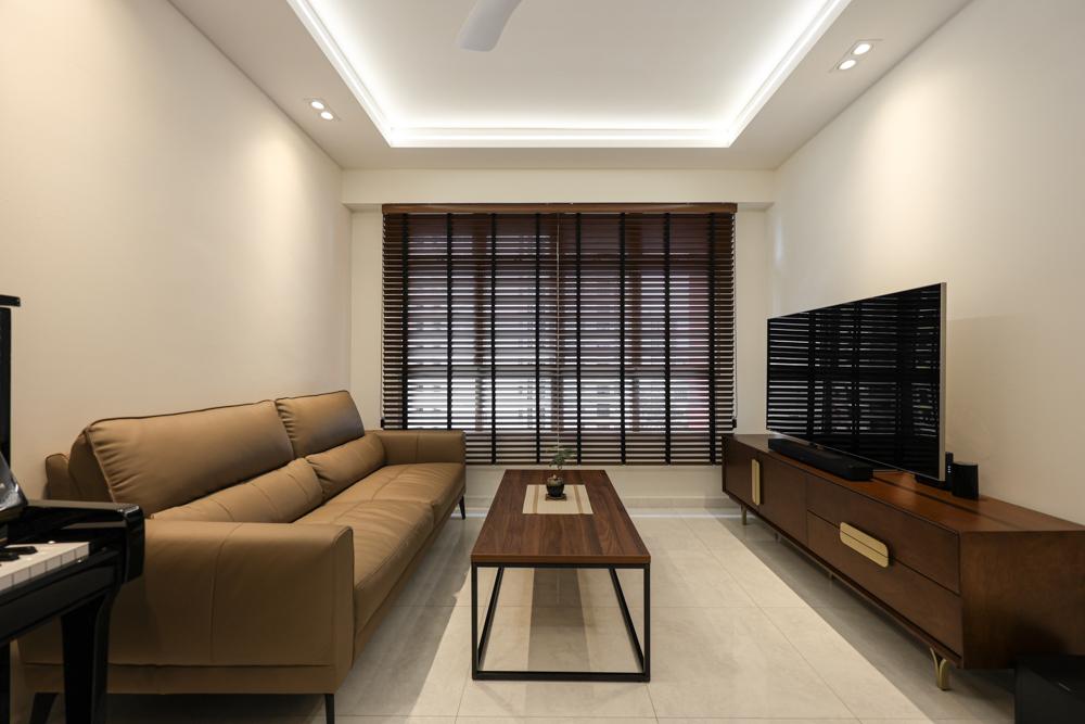 Eclectic Living Room with Homogeneous Tiles and Lighting