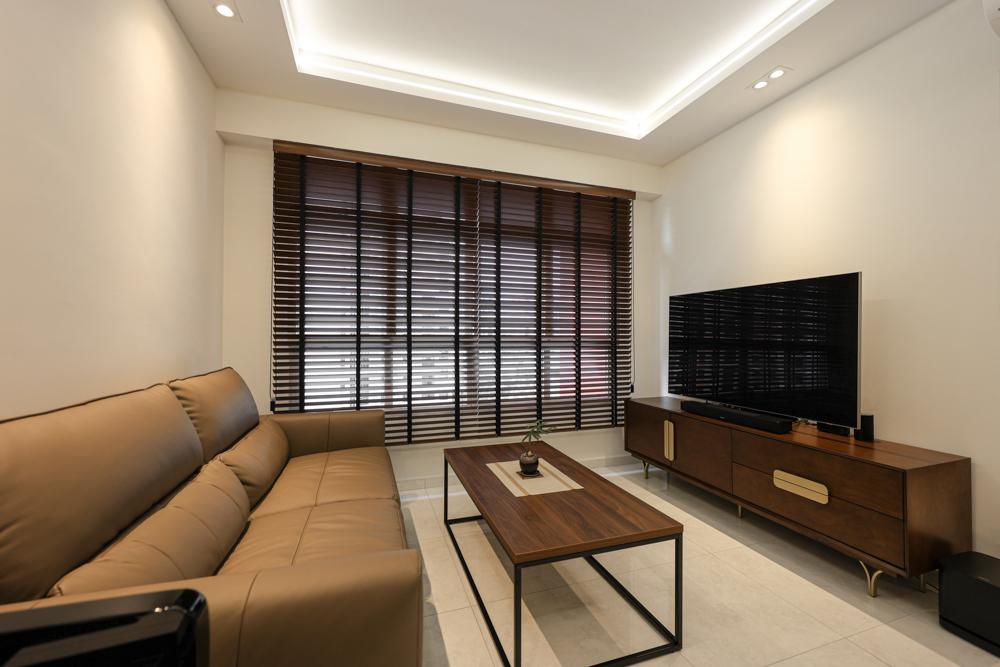 Eclectic Living Room with Homogeneous Tiles and Lighting