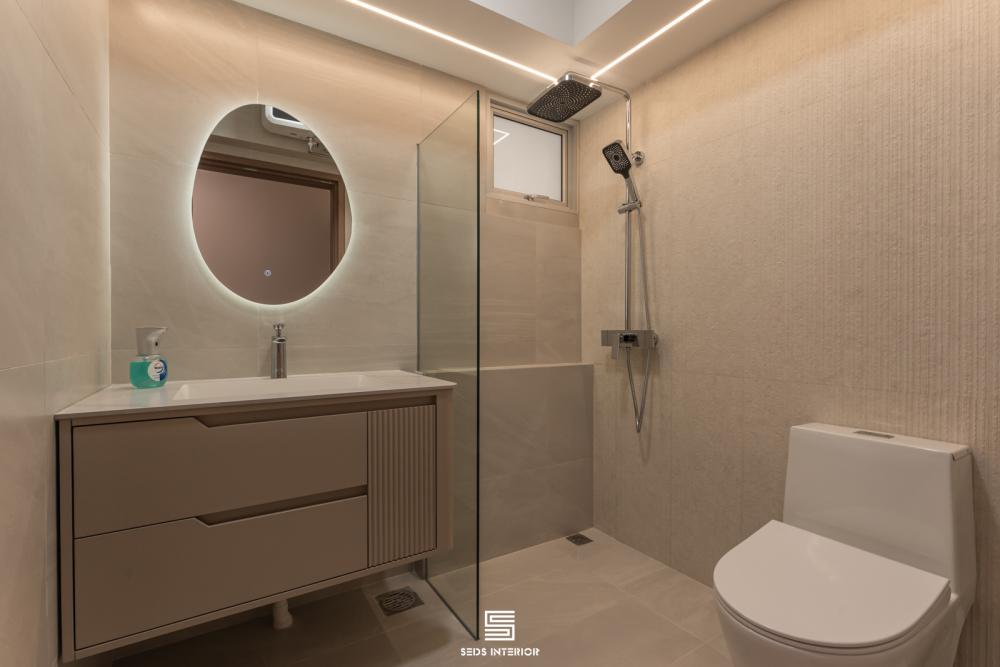 Minimalist Bathroom with Countertop and Homogeneous Tiles