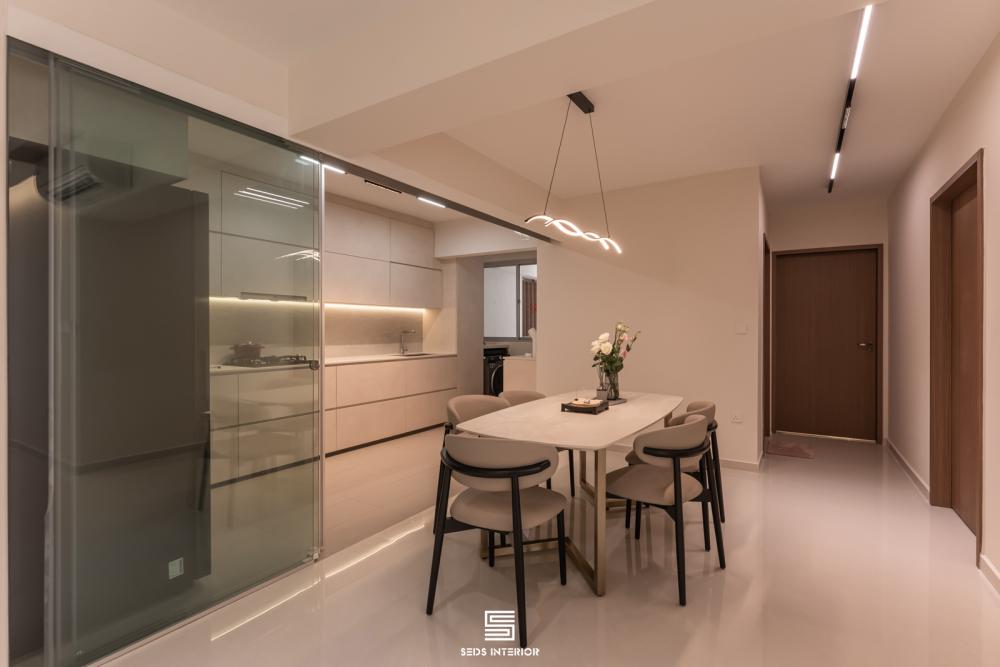Minimalist Dining Room with Drop Light and Dining Table