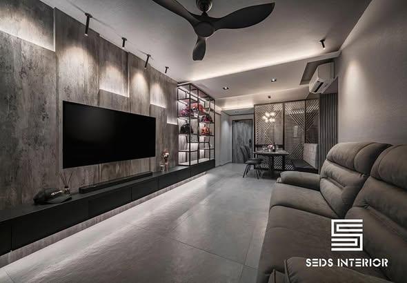 Industrial Living Room with Homogeneous Tiles and TV Console